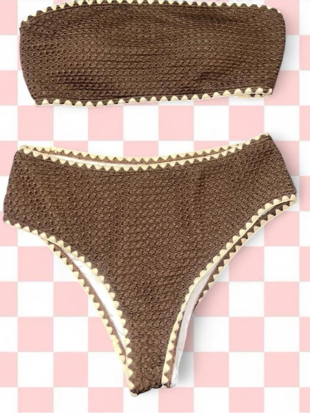 Brown Crochet High-Waist Bikini Set with Cream Trim